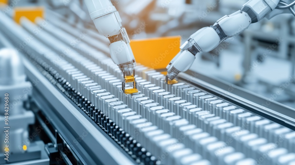 Poster advanced robotic arms precision assembling products on a futuristic production line in an automated 