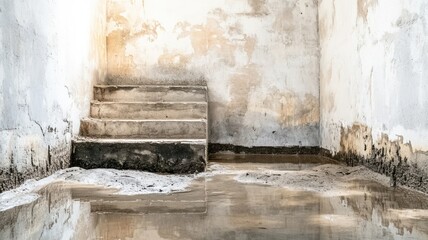 Abandoned room with old stairs and water on the floor, showcasing decay and neglect in a hauntingly beautiful atmosphere.