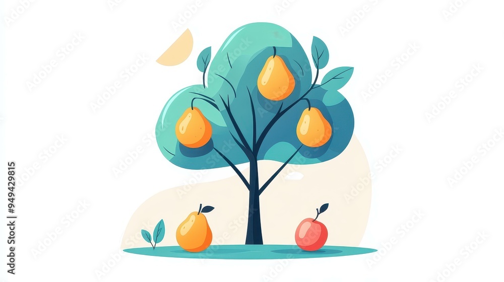 Poster simplistic vector art of a pear tree showcasing minimalist design with clean lines and vibrant textu