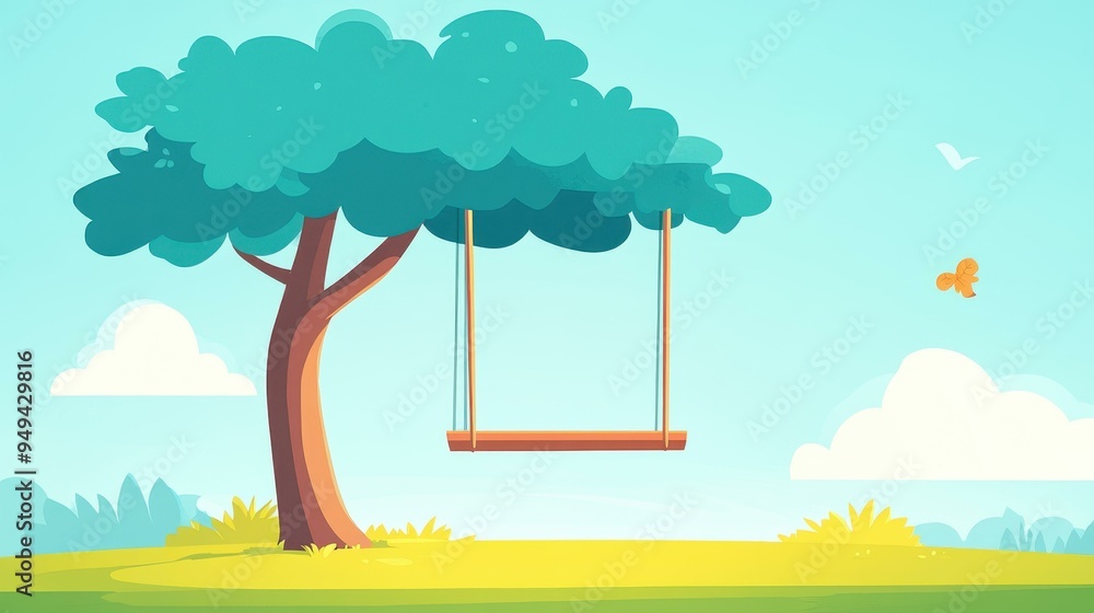 Sticker a minimalist d vector of a lone swing hanging from a tree, evoking a light and airy vibe in a serene