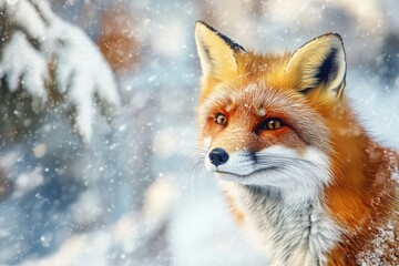 Obraz premium curious red fox close-up snow-covered forest background, with copy space