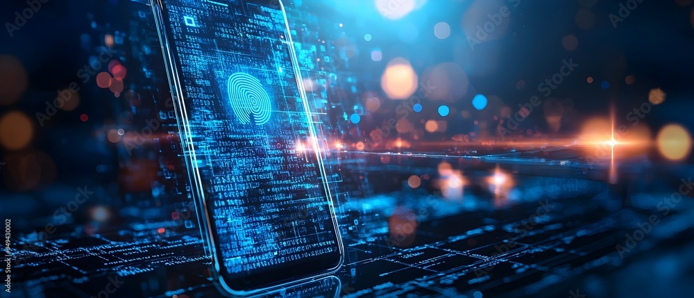 Poster digital wallet secured with biometric authentication emphasizing advanced security features for secu