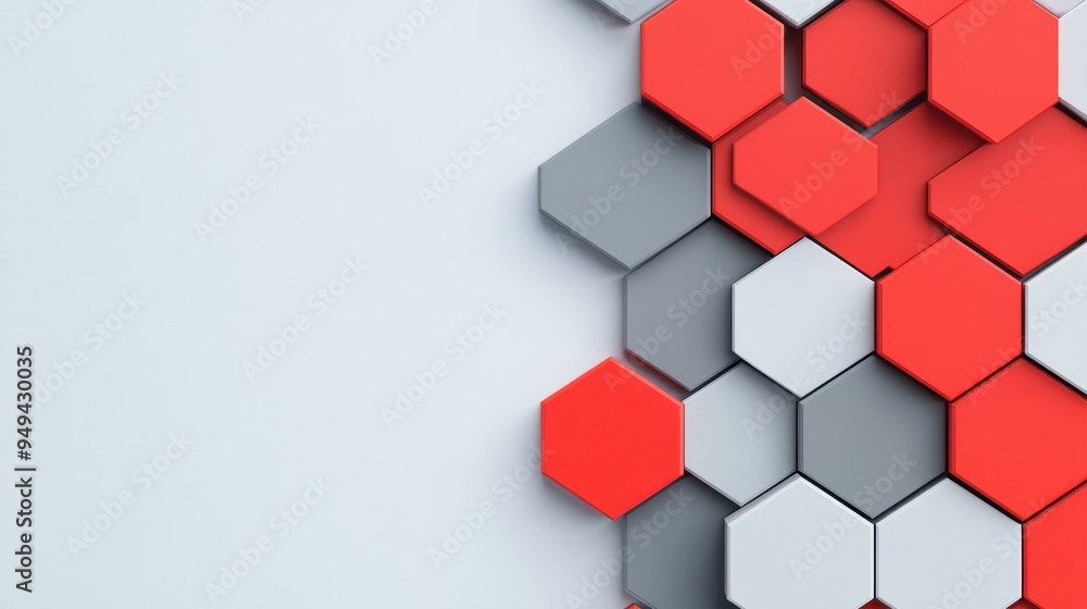 Wall mural a vibrant hexagon shape in red and grey flows against a dynamic gradient background, symbolizing sci