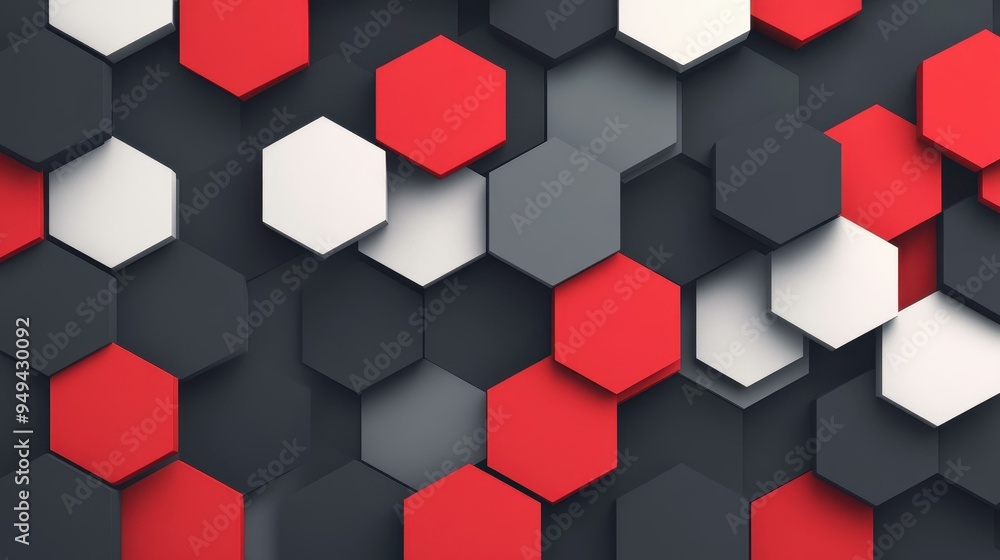 Wall mural A vibrant hexagon shape in red and grey flows against a dynamic gradient background, symbolizing science and technology.