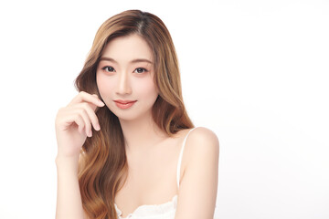 Naklejka premium Beautiful young asian woman with clean fresh skin on white background, Face care, Facial treatment, Cosmetology, beauty and spa, Asian women portrait.