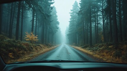 Fototapeta premium 5. The driver's view captures a foggy forest road, with mist enveloping tall pine trees on both sides. The road ahead is barely visible, creating a mysterious and tranquil atmosphere inside the car.