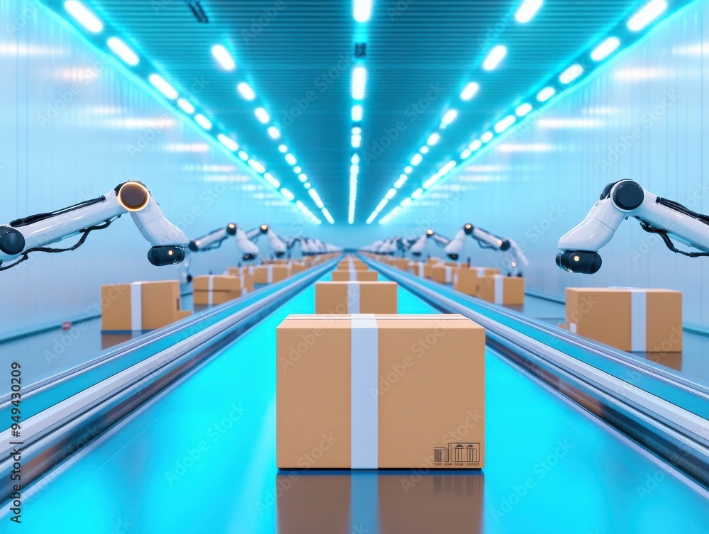 Poster automated warehouse with robotic arms sorting packages on a conveyor belt in a futuristic environmen