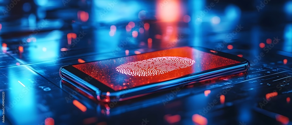 Poster close up of a sleek digital wallet with a biometric fingerprint scanner highlighting the use of adva