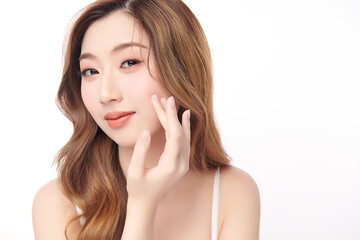 Fototapeta premium Beautiful young asian woman with clean fresh skin on white background, Face care, Facial treatment, Cosmetology, beauty and spa, Asian women portrait.