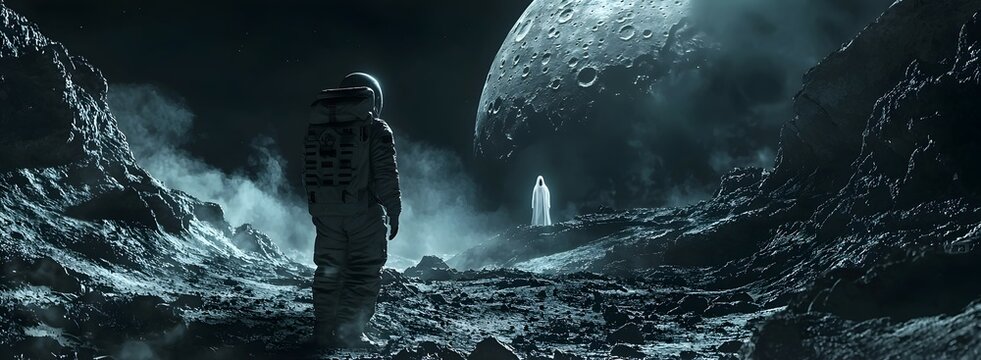 A lone astronaut stands in awe as a ghostly figure emerges from the shadows of an abandoned and desolate lunar base surrounded by the stark and foreboding landscape of the dark moon