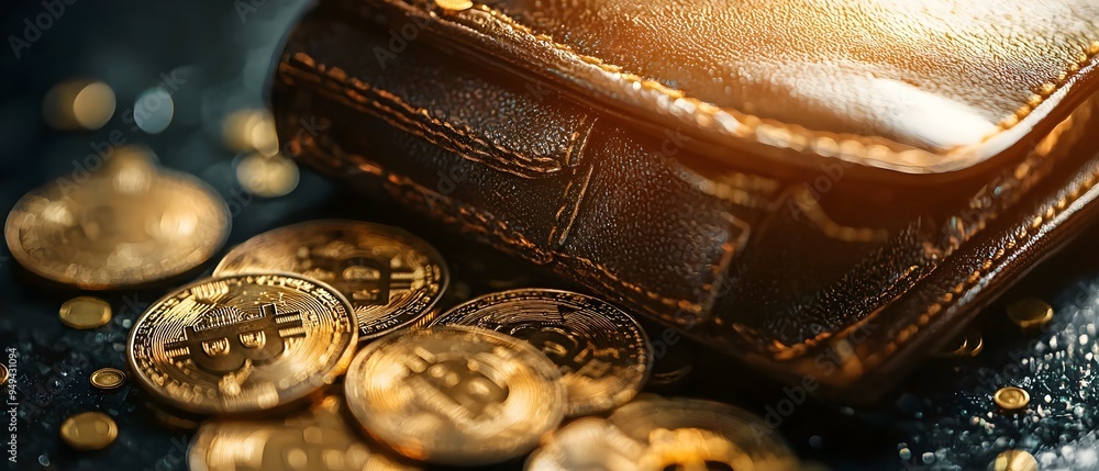 Poster abstract representation of digital coins flowing into a digital wallet symbolizing cryptocurrency an