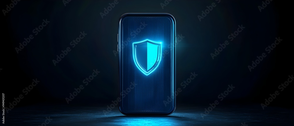 Poster digital wallet icon with a blue glowing shield symbolizing protection against fraud and unauthorized