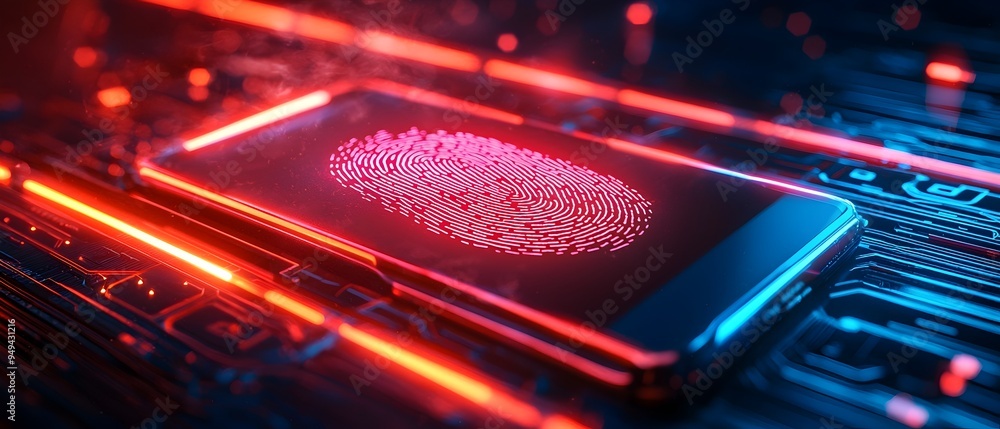 Poster closeup of a digital wallet with a fingerprint scanner highlighting the use of biometric authenticat