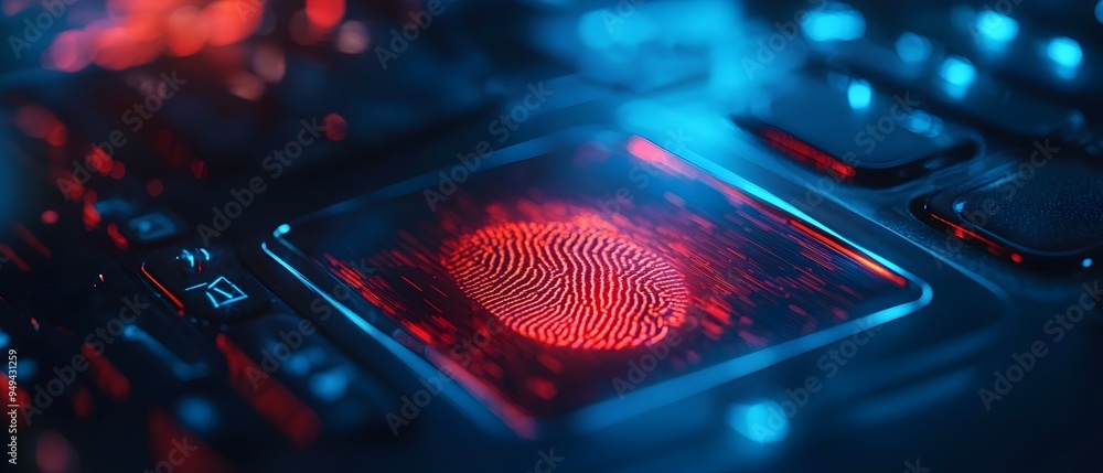 Poster close up of digital wallet with fingerprint scanner highlighting the use of biometrics for secure ac