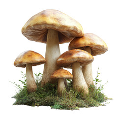 A cluster of wild mushrooms growing on a patch of grass, showcasing their natural and earthy beauty in a forest setting.