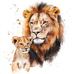 watercolor painting of a lion with its cub, on isolated white background