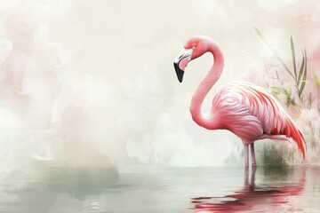 Elegant flamingo portrait chinese ink painting tranquility photography, with copy space