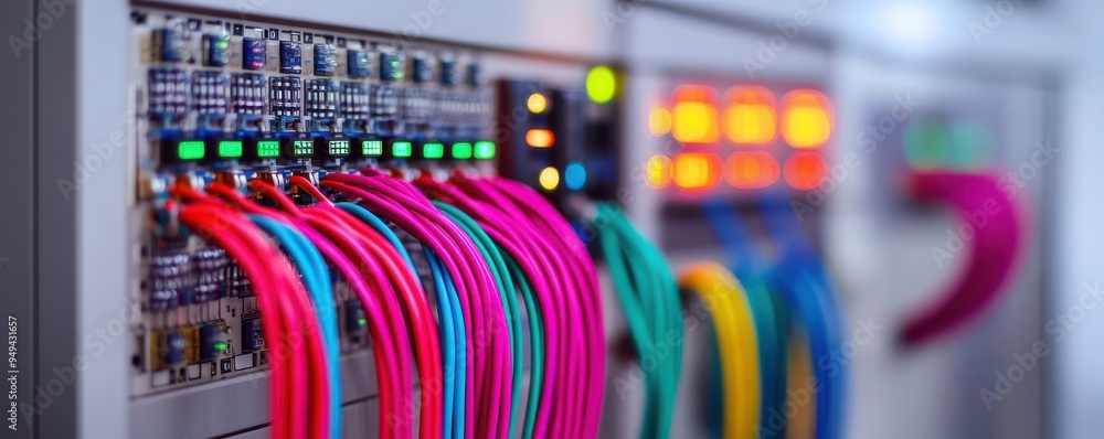 Poster close-up of colorful network cables connected to a data server, showcasing technology and connectivi