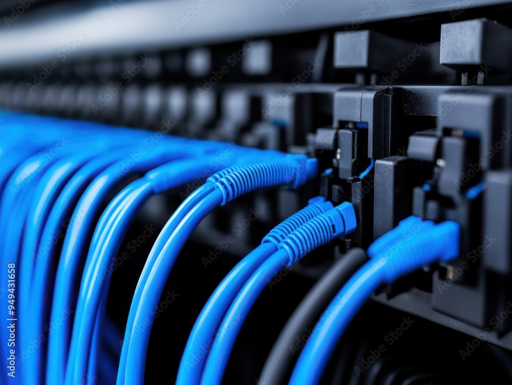 Poster close-up view of blue network cables connected to a patch panel, highlighting technology and connect