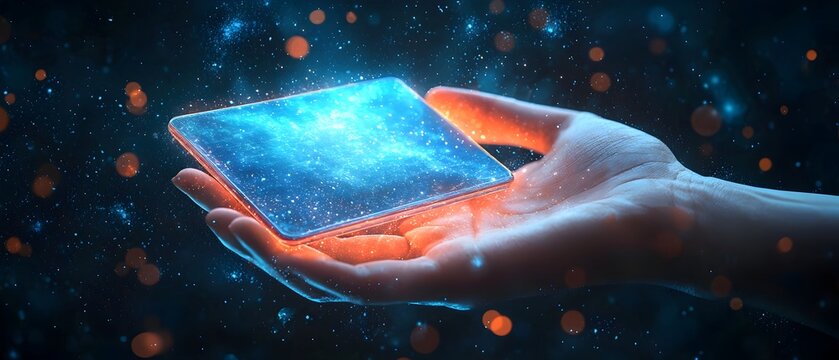 Holographic digital wallet hovering above a human hand symbolizing the evolution of financial technology and the future of mobile payments and digital finance