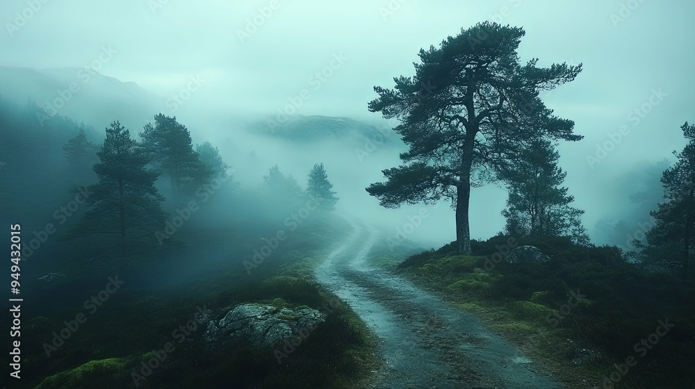 Wall mural Misty morning with dense fog rolling over a forest