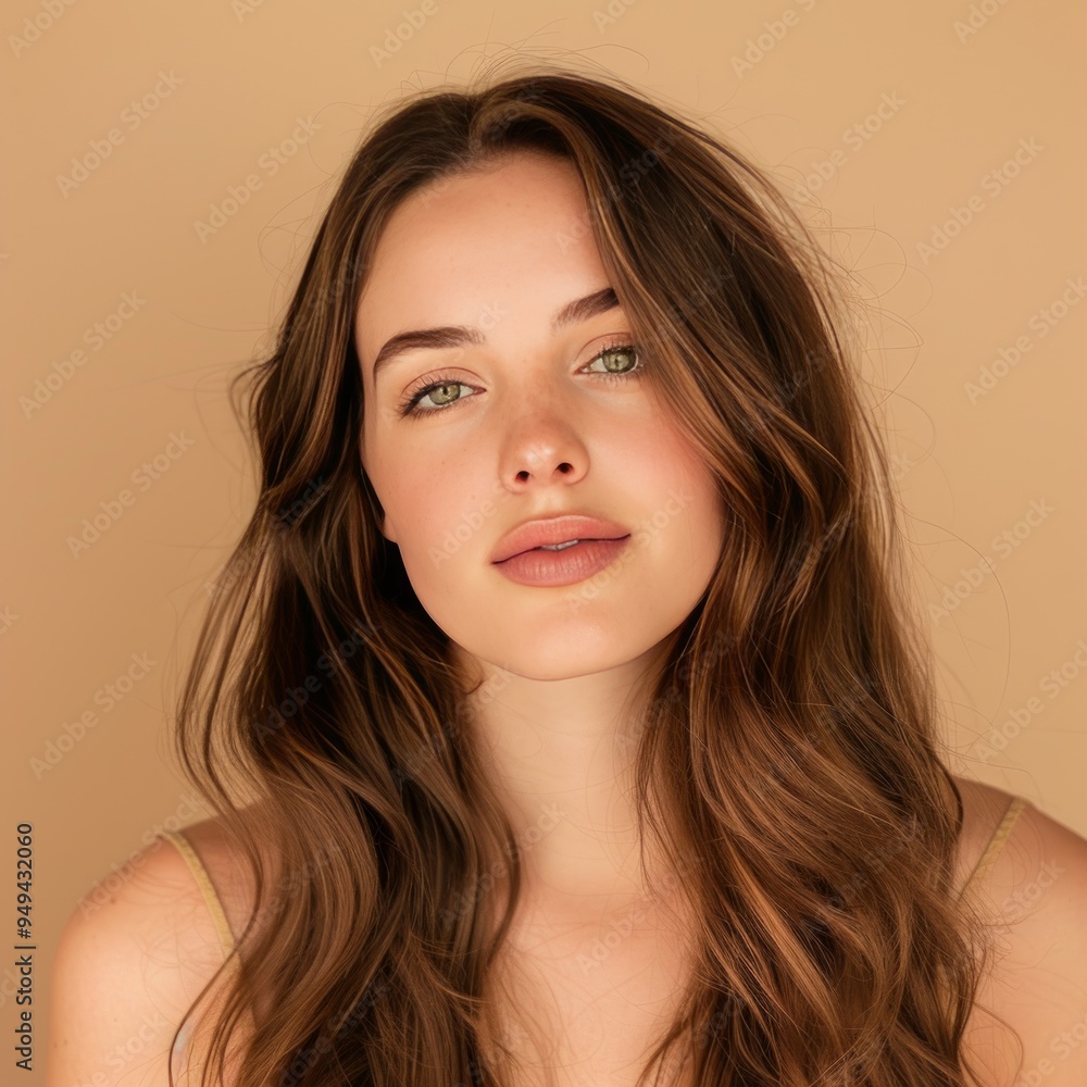 Wall mural Close-up portrait of a young woman with long, wavy brown hair and green eyes.