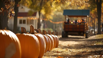 A hayride passing by a row of pumpkins at a fall-themed festival