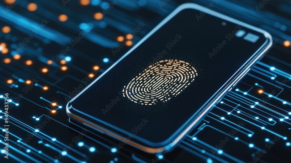 Aufkleber fingerprint scanner on smartphone screen with abstract circuit board background