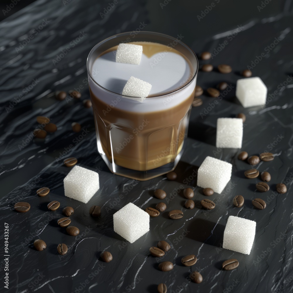 Canvas Prints Coffee drink with milk foam and sugar cubes, surrounded by coffee beans on a dark surface.