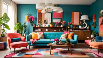 A vibrant and diverse living room with strong splashes of color and a combination of modern and vintage furniture, influenced by mid-century modern style - Generative