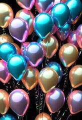 Hyperrealistic 3D pastel Iridescent Birthday Balloons. Party Decor, Greeting Cards, Backgrounds