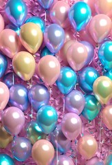 Hyperrealistic 3D pastel Iridescent Birthday Balloons. Party Decor, Greeting Cards, Backgrounds