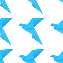 Blue paper bird of happiness, hope, and peace seamless pattern.