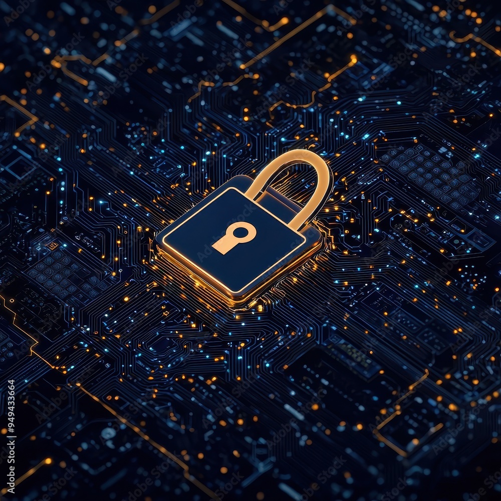 Poster cyber security padlock on circuit board