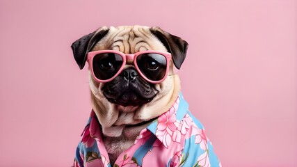 Isolated on a pink backdrop, this adorable pug portrait features a stylish pink sunglasses and a Hawaiian shirt. It also features copy space and generative AI for travel inspiration.