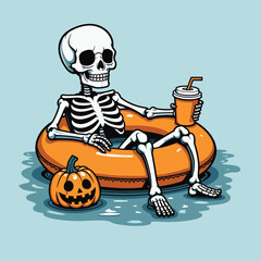 Gothic Skull on Pool Float with Drink and Pumpkin, Dark Vector Illustration