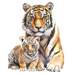 Fototapeta premium watercolor painting of a tiger with its cub, on isolated white background