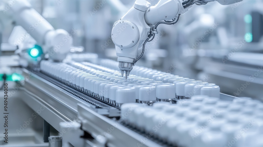 Poster robotic arm assembling products on a modern production line, showcasing automation in a clean and ef