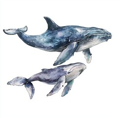 Fototapeta premium watercolor painting of a whale with its calf, on isolated white background
