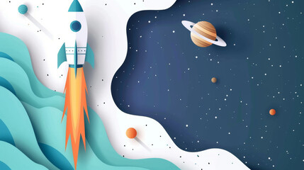 A vibrant, illustrative scene of a rocket launching into space, surrounded by planets and stars in a paper-cut style.