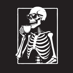 Creepy Skeleton with Coffee, Black and White Retro Art