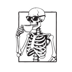 Gothic Skeleton Standing with Coffee, Dark Vector Illustration