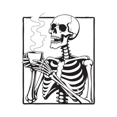 Funny Skeleton Holding Coffee, Monochrome Spooky Graphic