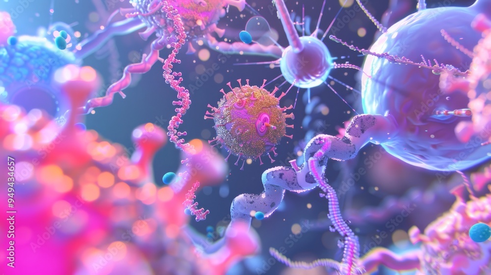 Poster Colorful 3D rendering of viruses and cells.