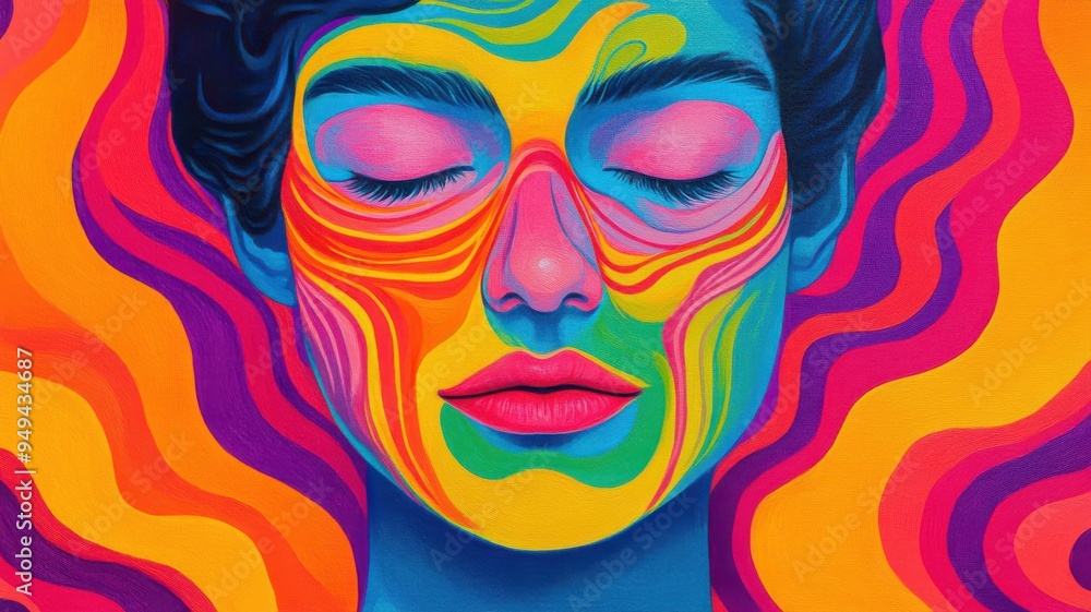 Poster vibrant abstract portrait featuring bold colors, intricate patterns, and a serene expression, creati