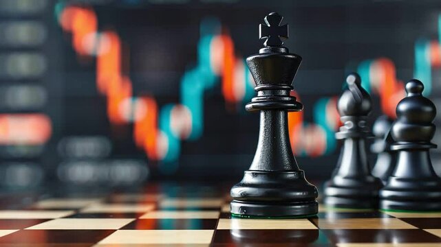 A black chess king stands tall on a chessboard with a stock market graph in the background
