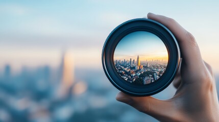 A hand holding a camera lens showing a city panorama, the urban landscape perfectly framed within the lens, detailed architecture and streets in a clear perspective