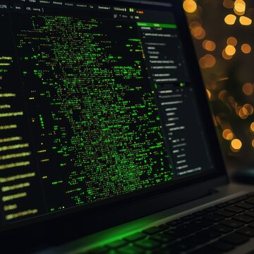 Green Code on Laptop Screen with Bokeh Lights