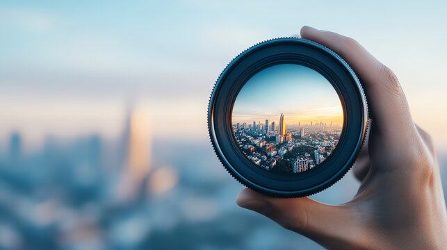 A hand holding a camera lens showing a city panorama, the urban landscape perfectly framed within the lens, detailed architecture and streets in a clear perspective