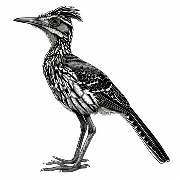 recommend clip art: Intricate black and white illustration of a roadrunner bird, showcasing detailed feathers and unique features.